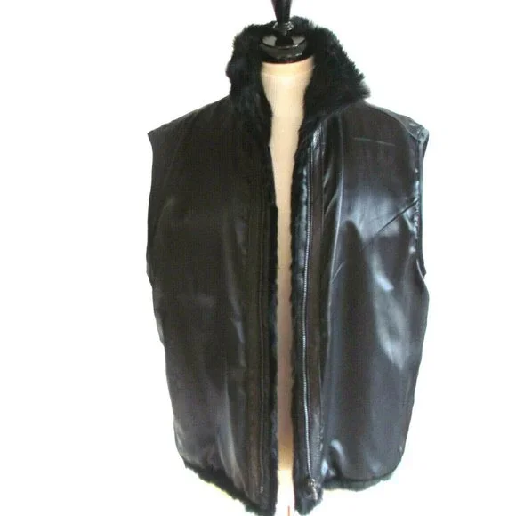 Unisex Fur Vest Designer Andrew Marc Black Rabbit Fur High Neck Sleeveless Vest